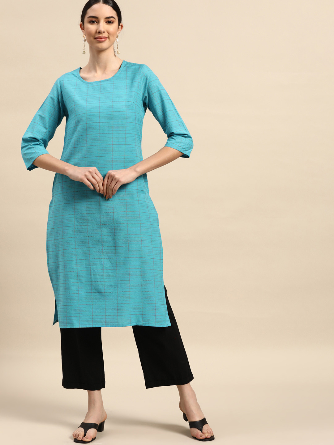 Buy Anouk Women Blue & Grey Checked Yarn Dyed Kurta Kurtas for Women