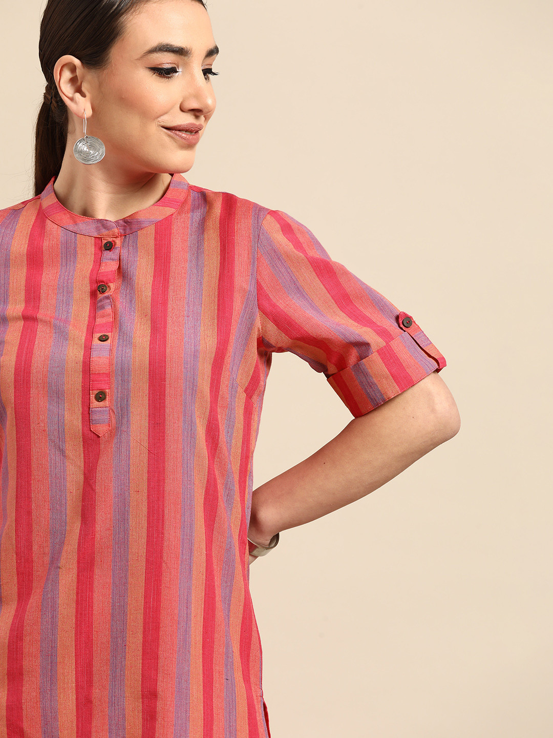 Buy Anouk Women Pink & Purple Striped Yarn Dyed Straight Kurta Kurtas