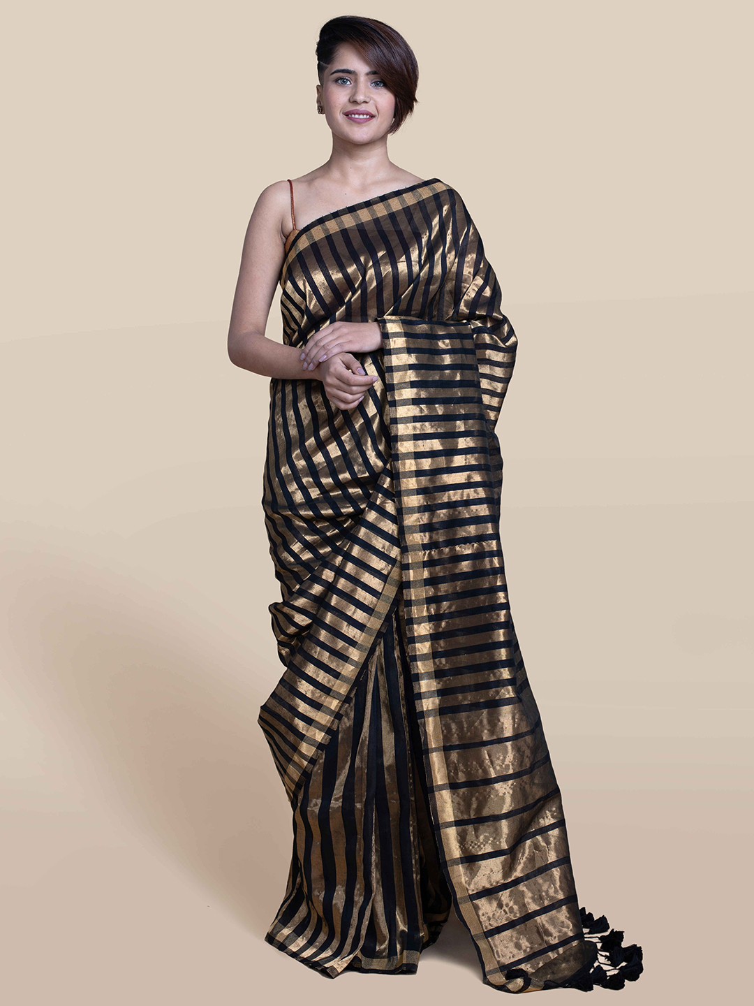 Buy Suta Black & Gold Toned Striped Linen Blend Saree Sarees for