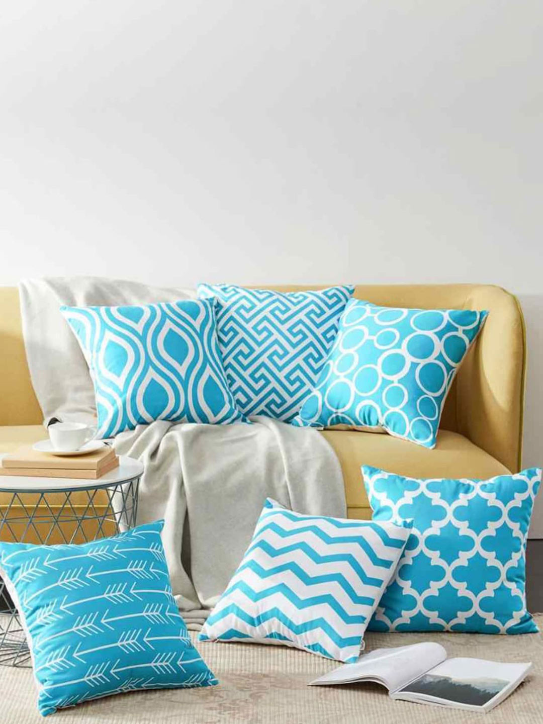 Buy MODERN HOMES Turquoise Blue Set Of 6 Geometric Cushion Covers