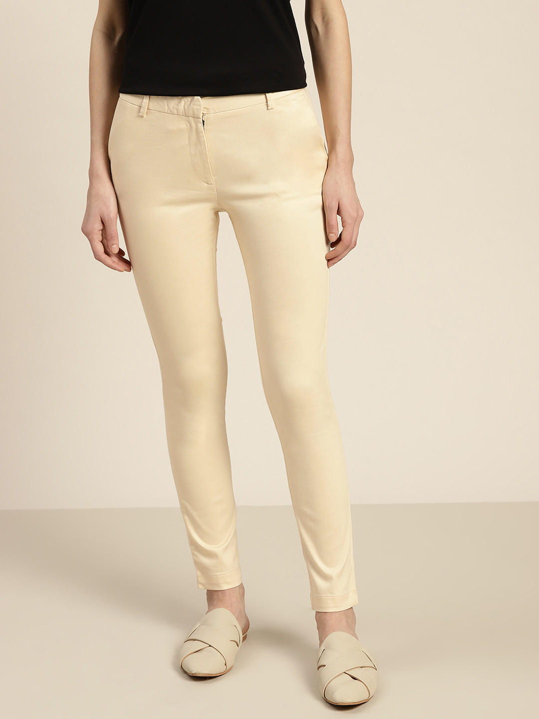 Buy Ether Women Cream Coloured Pure Cotton Skinny Fit Trousers
