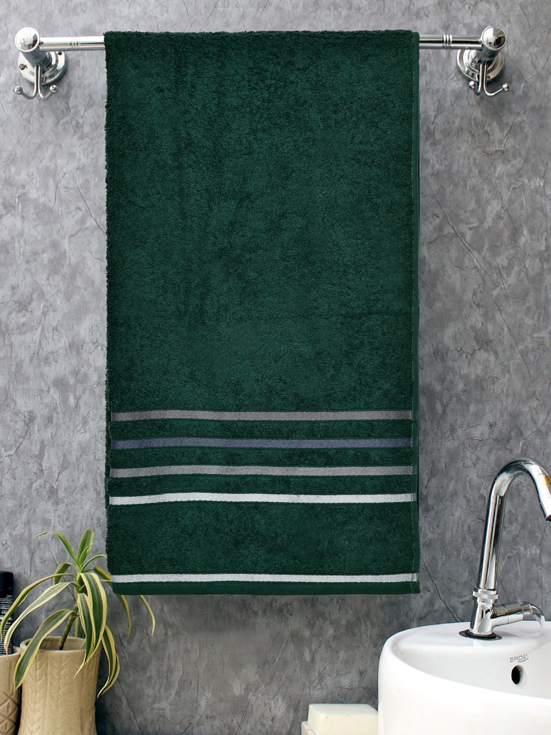 Buy BOMBAY DYEING Unisex Green & White Striped 400 GSM Cotton Bath