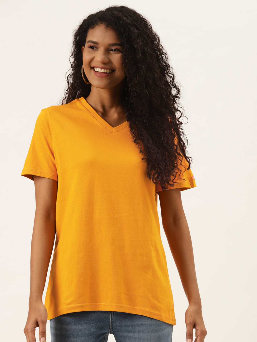 Buy PRINTOCTOPUS Women Mustard Yellow V Neck Pure Cotton Solid T Shirt