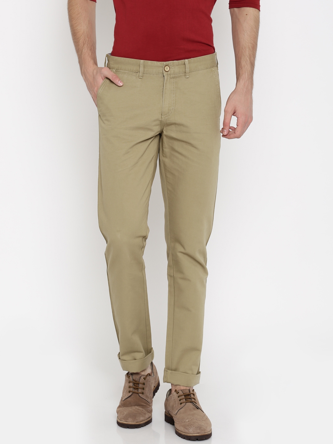 Buy Allen Solly Men Khaki Solid Slim Fit Chinos - Trousers for Men ...