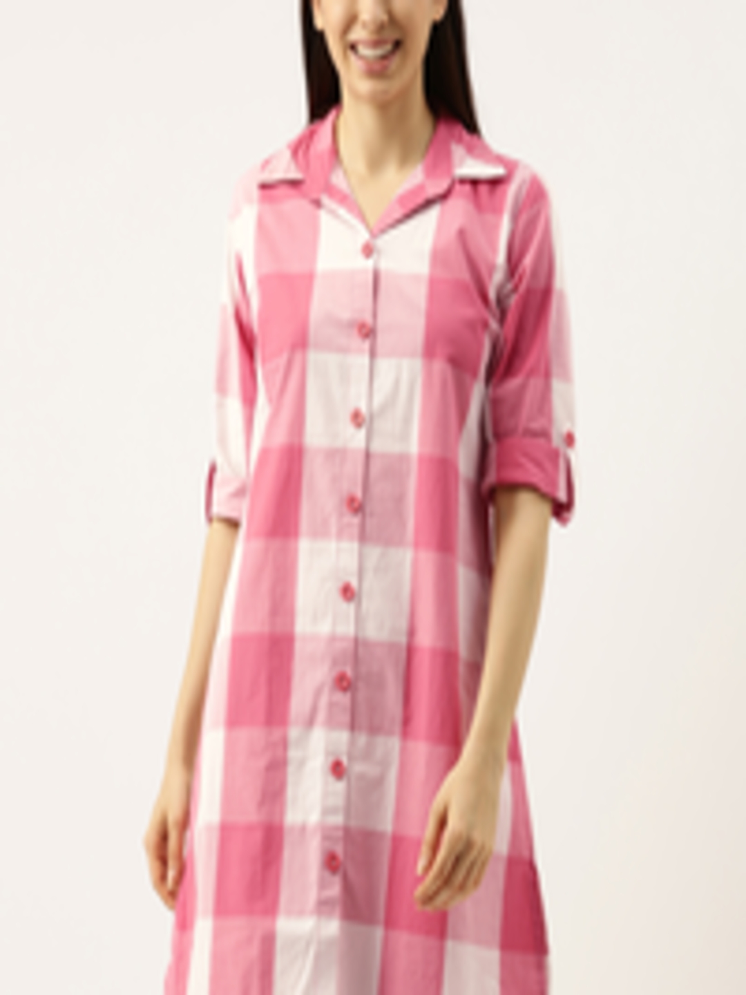 Buy Clt.s Women Pink & White Checked Pure Cotton Sleep Shirt ...