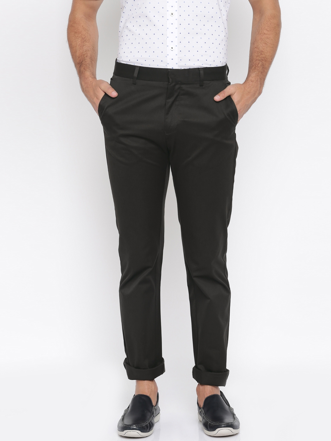 Buy Allen Solly Men Black Solid Regular Fit Flat Front Trousers ...
