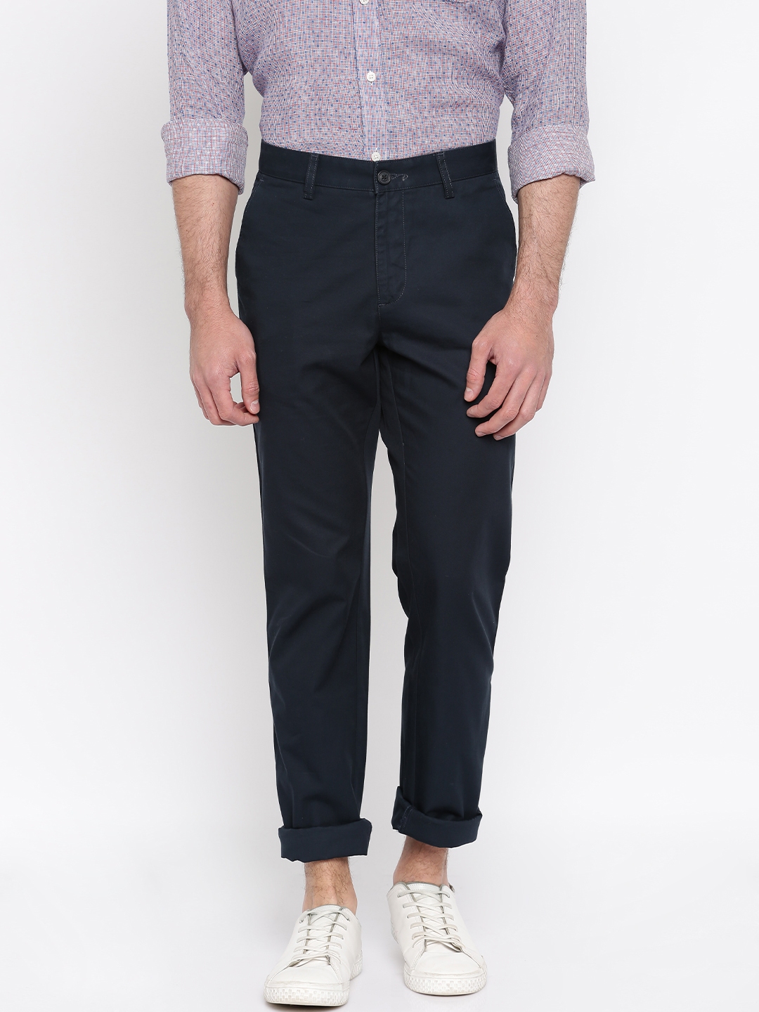 Buy Allen Solly Men Navy Blue Solid Regular Fit Flat Front Trousers ...