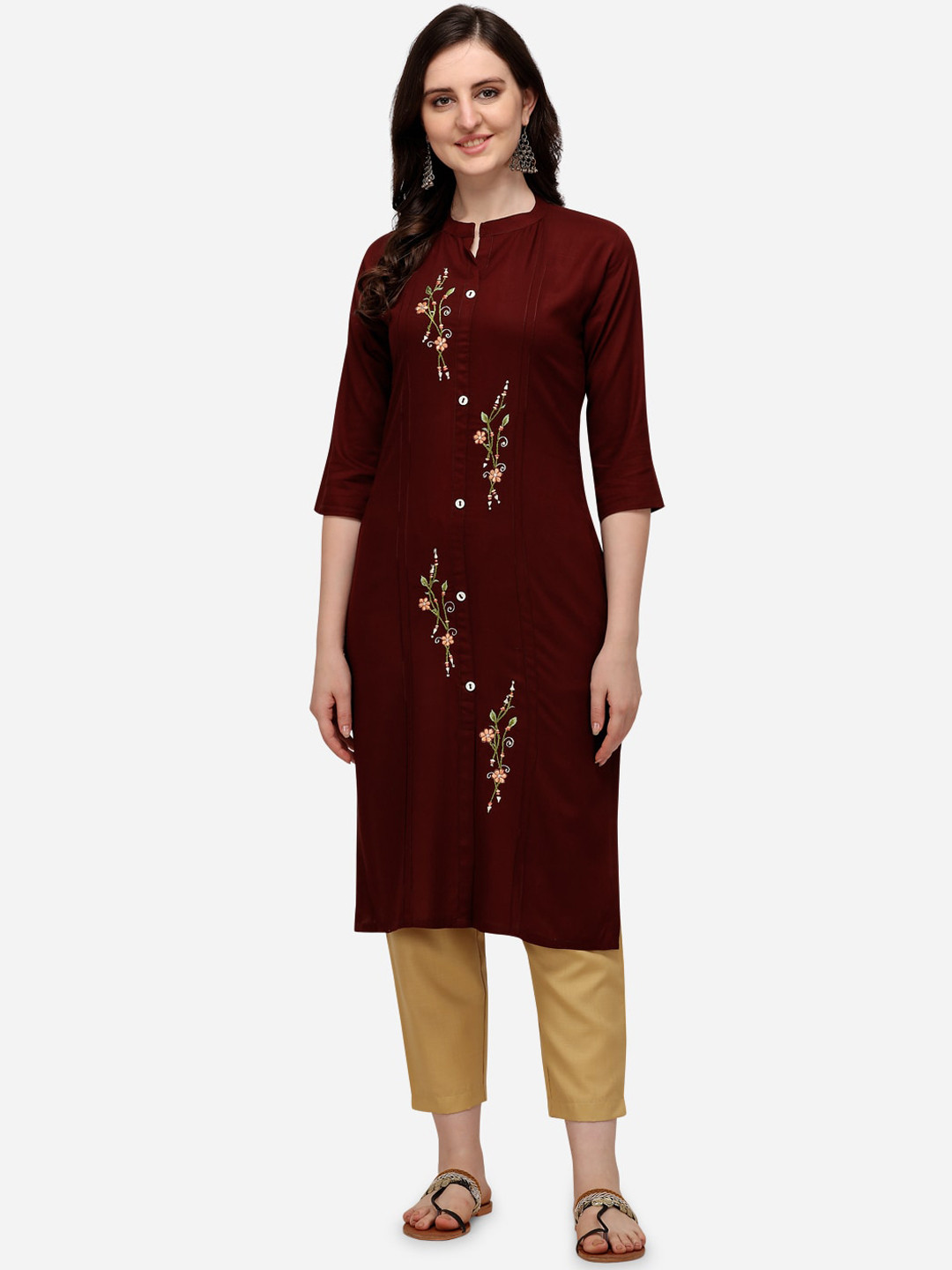 Women Maroon & Grey Printed 3/4 Sleeve Cotton Assymetric Kurta