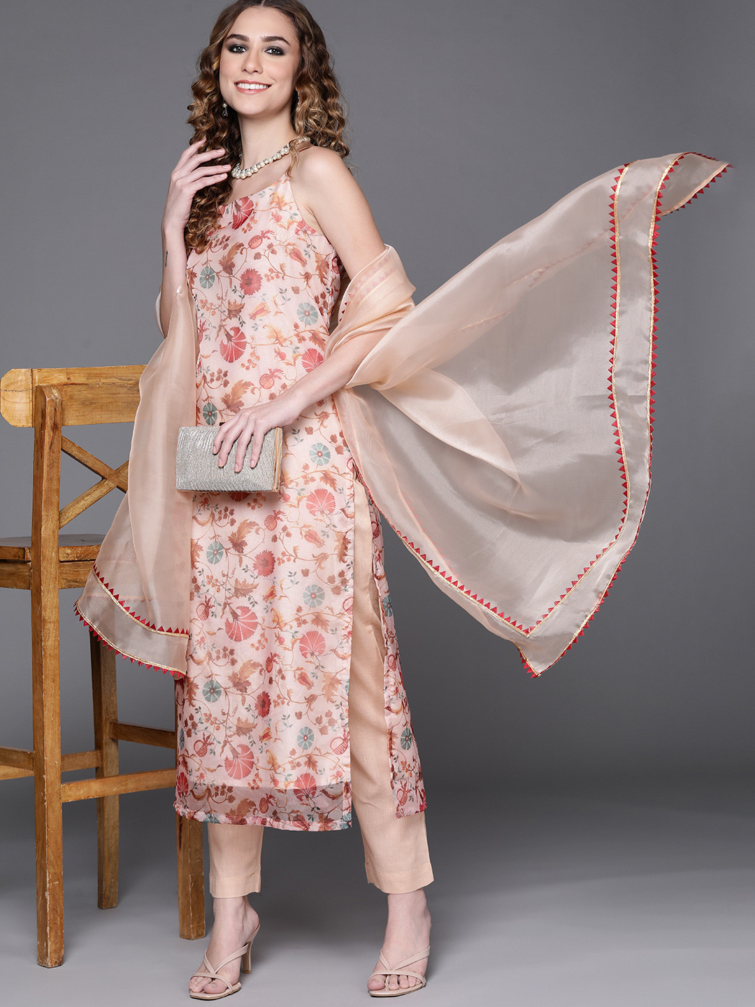 Off White Floral Printed Straight Kurta with Trouser and Dupatta Set