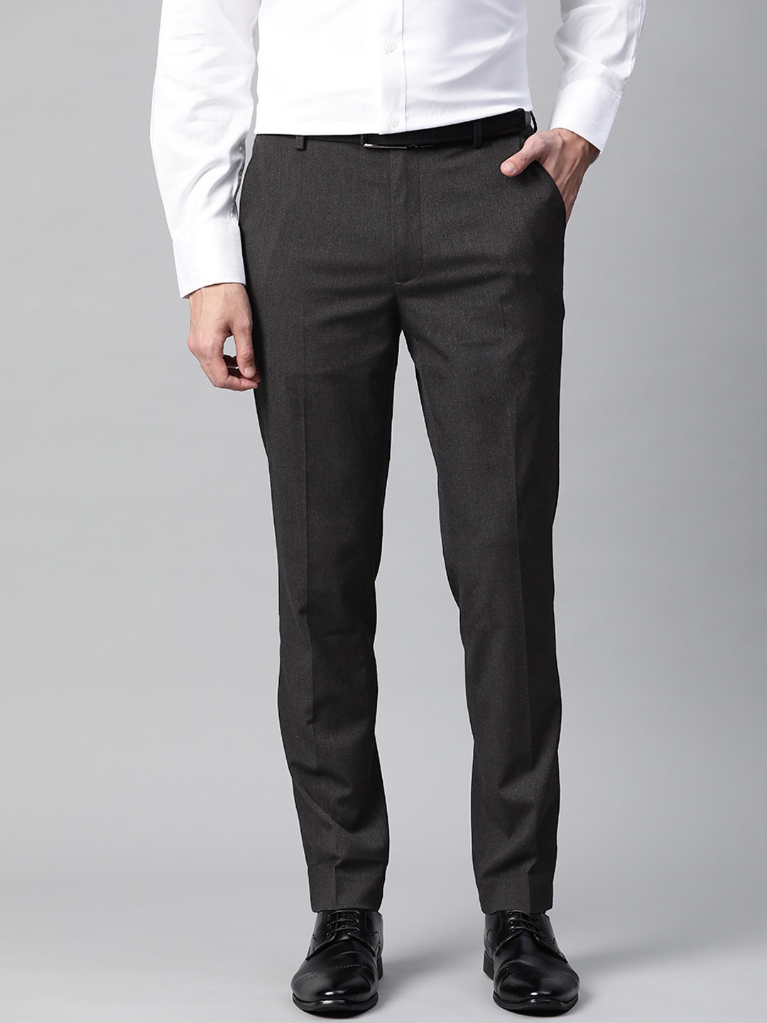 Buy Marks & Spencer Men Charcoal Solid Formal Trousers - Trousers for ...