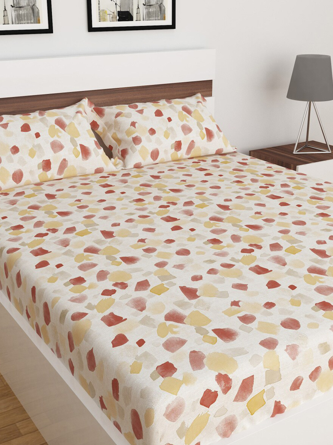 Buy Home Centre Medley Printed 3 Piece White Cotton Double Bedsheet Set