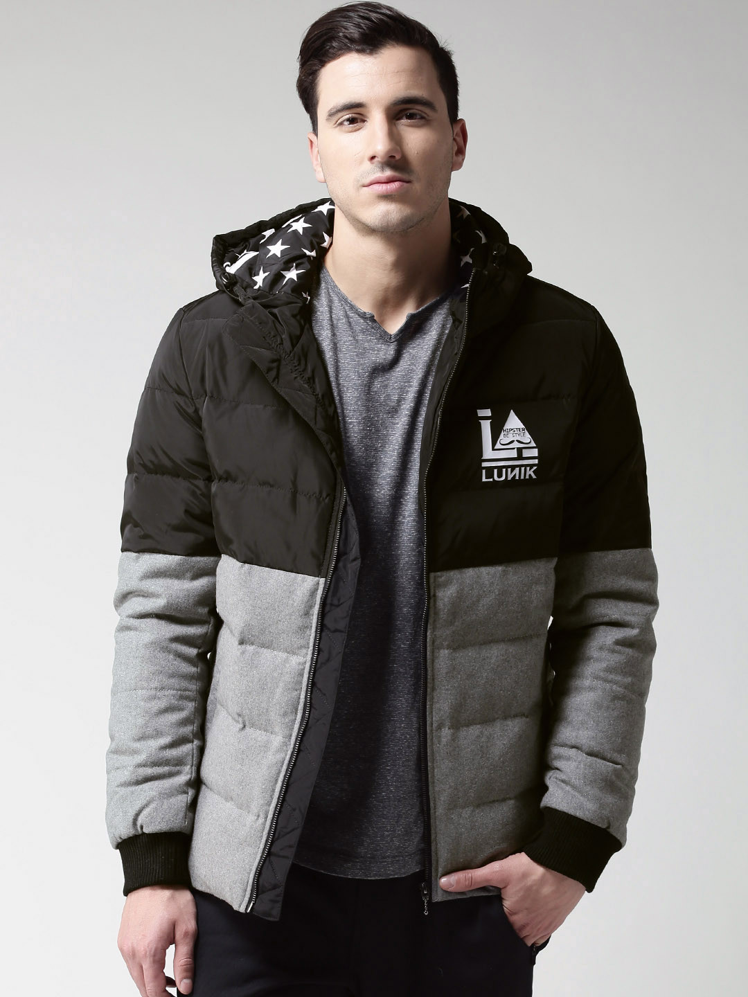 Buy Metersbonwe Black & Grey Melange Colourblocked Hooded Padded Jacket