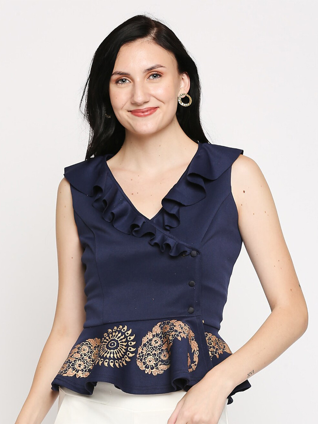 Buy Ira Soleil Blue & Gold Toned Scuba Peplum Top Tops for Women 15455520 Myntra