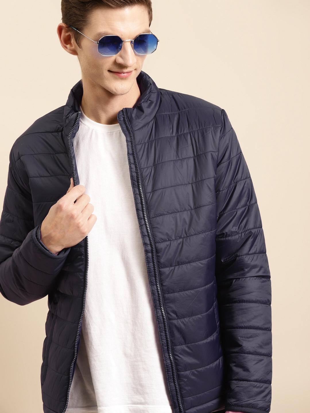 Buy United Colors Of Benetton Men Navy Blue Solid Padded Jacket ...