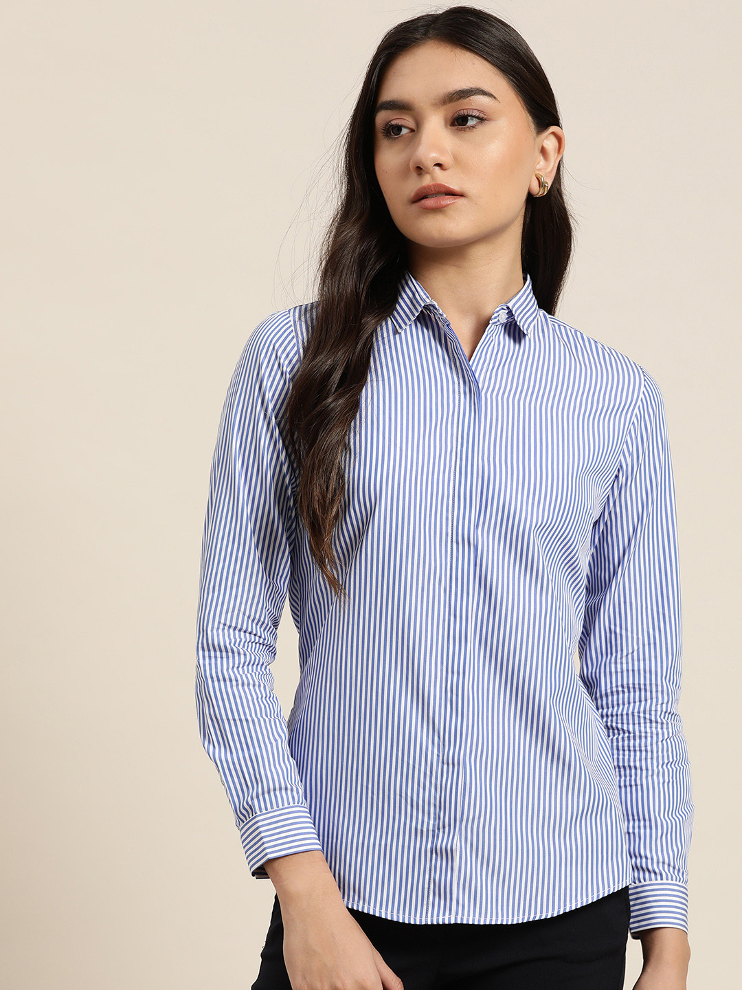 Buy Hancock Women White & Blue Slim Fit Opaque Striped Cotton Formal — free download