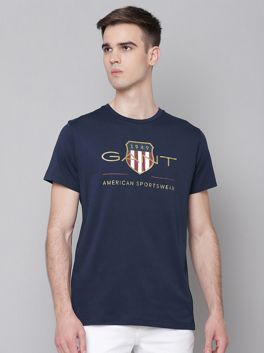 Gant Men Navy Blue Striped Collared Short Sleeves Polo Tshirt