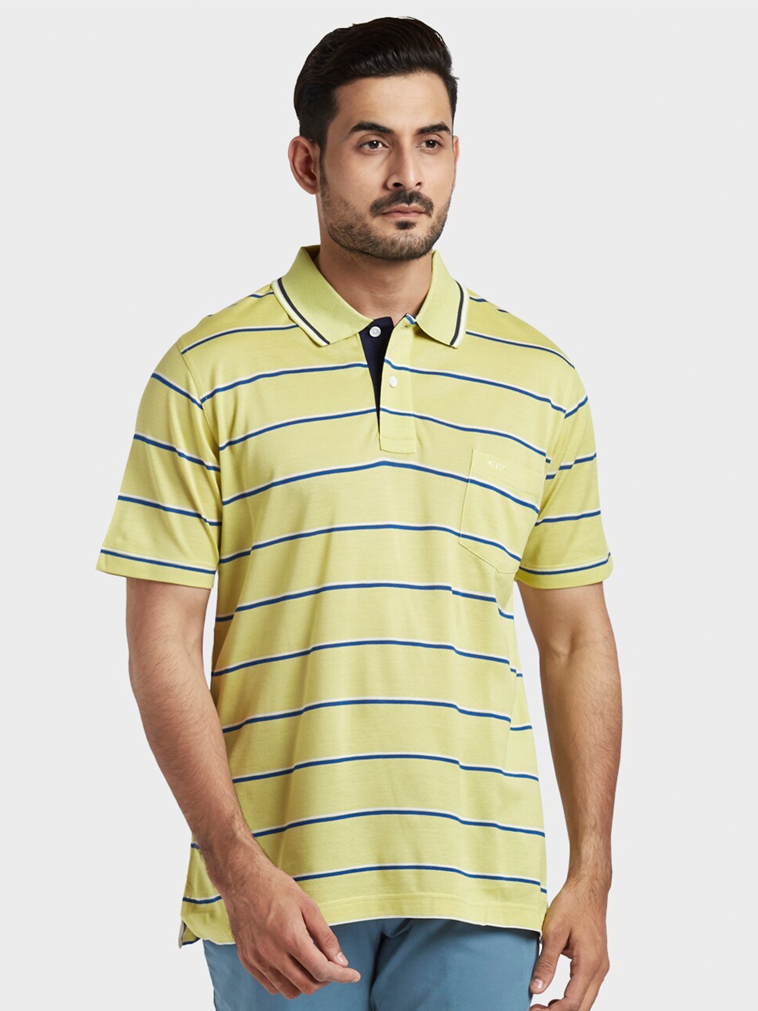 Buy ColorPlus Men Yellow & Blue Striped Polo Collar T Shirt - Tshirts ...