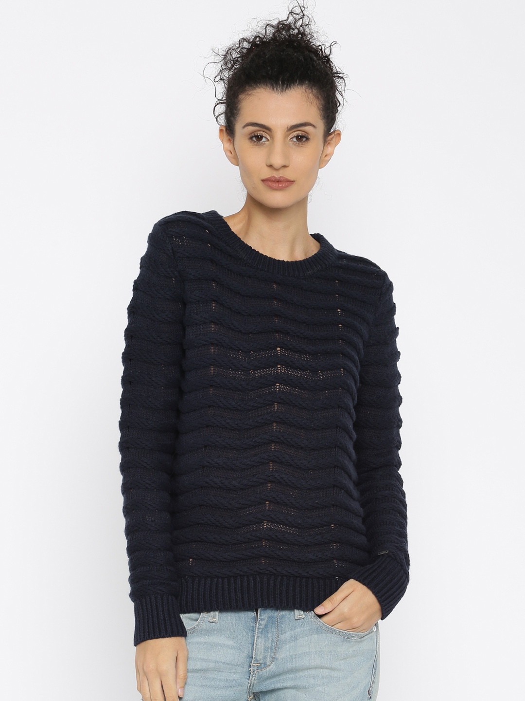 Buy Tommy Hilfiger Women Navy Blue Ribbed Sweater - Sweaters for Women ...
