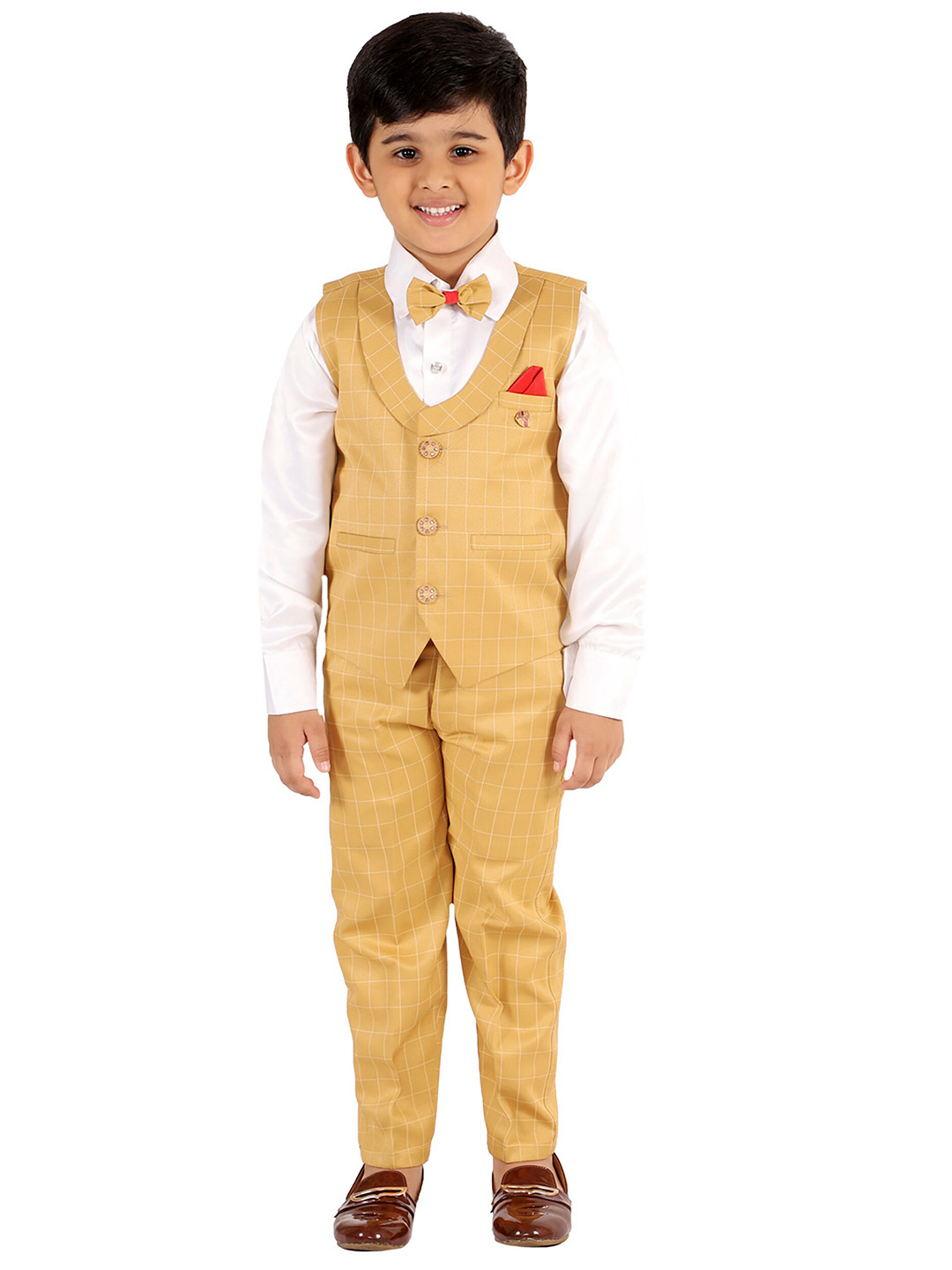 Buy FOURFOLDS Boys Mustard & White Shirt With Trousers & Waistcoat