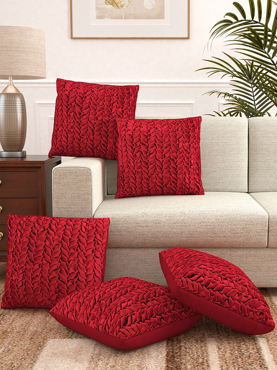 Buy Storyhome Red Set Of 5 Quirky Velvet Square Cushion Covers