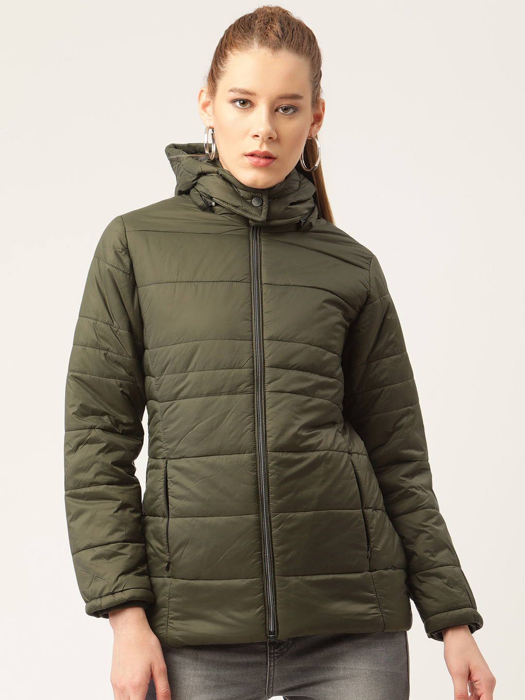 Buy Okane Women Olive Green Hooded Padded Jacket Jackets for Women