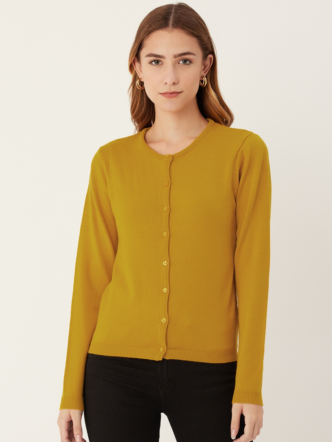 Buy Madame Women Mustard Yellow Solid Cardigan Sweaters for Women