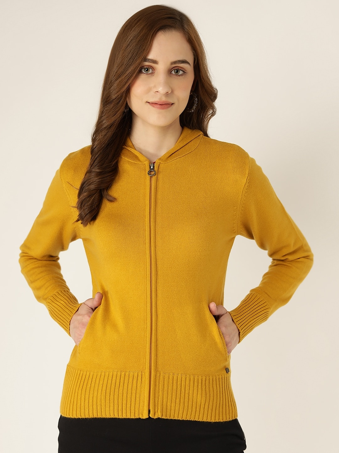 Buy Madame Women Mustard Yellow Hooded Cardigan Sweaters for Women