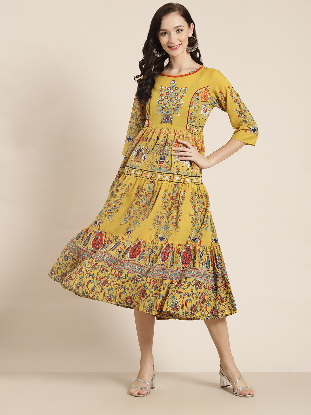 Buy Juniper Mustard Yellow Floral Midi Dress Ethnic Dresses for Women