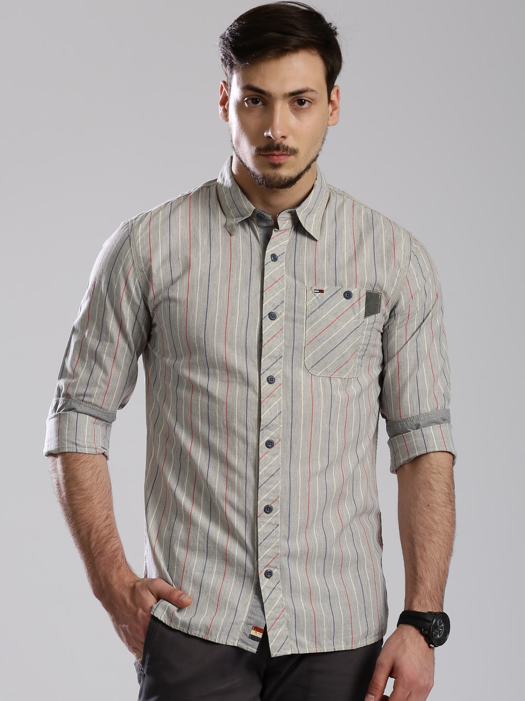 Buy Tommy Hilfiger Men Grey Striped Slim Fit Casual Shirt - Shirts for ...