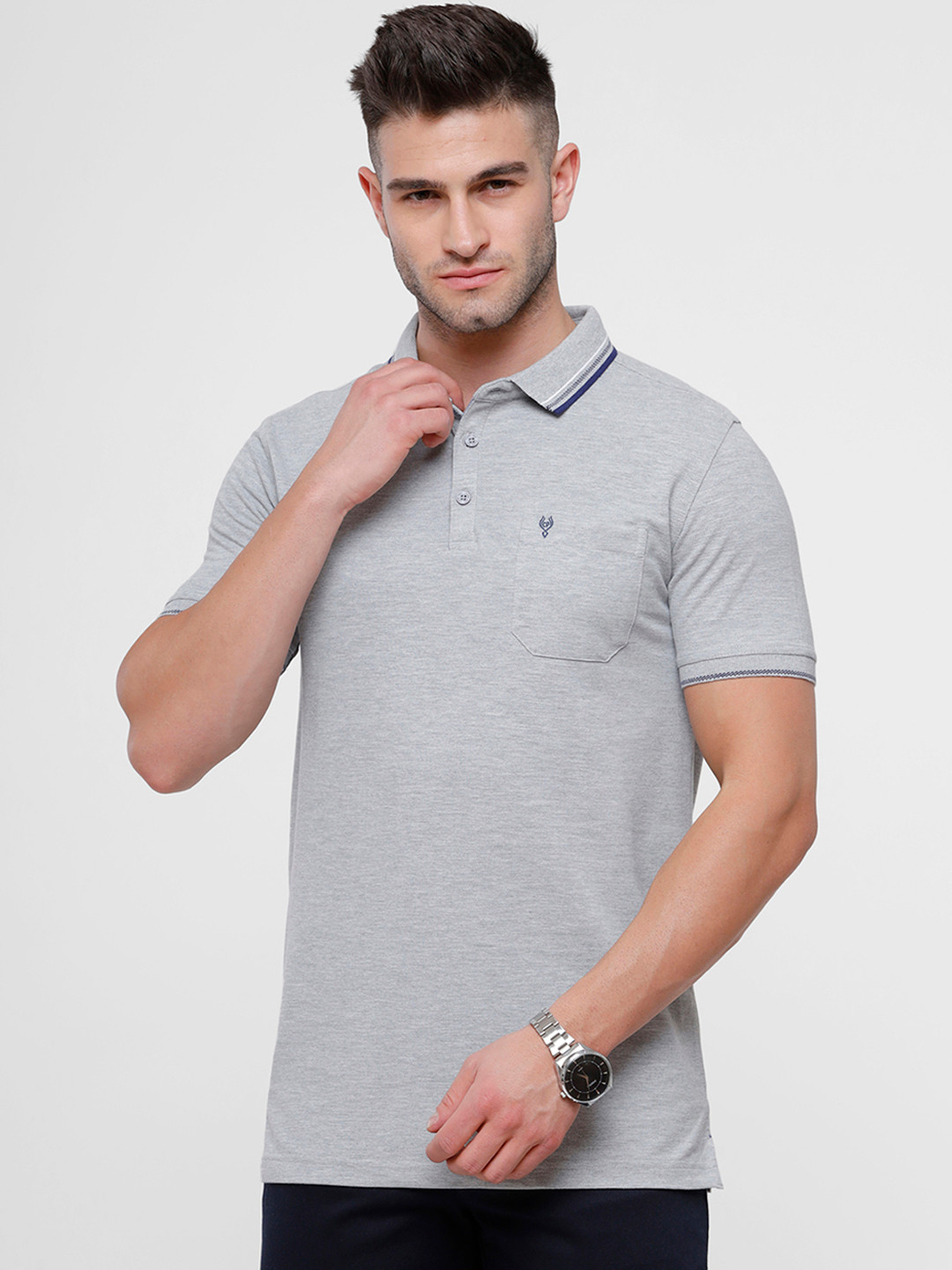 Men's Grey Polo Collar Solid T-Shirt