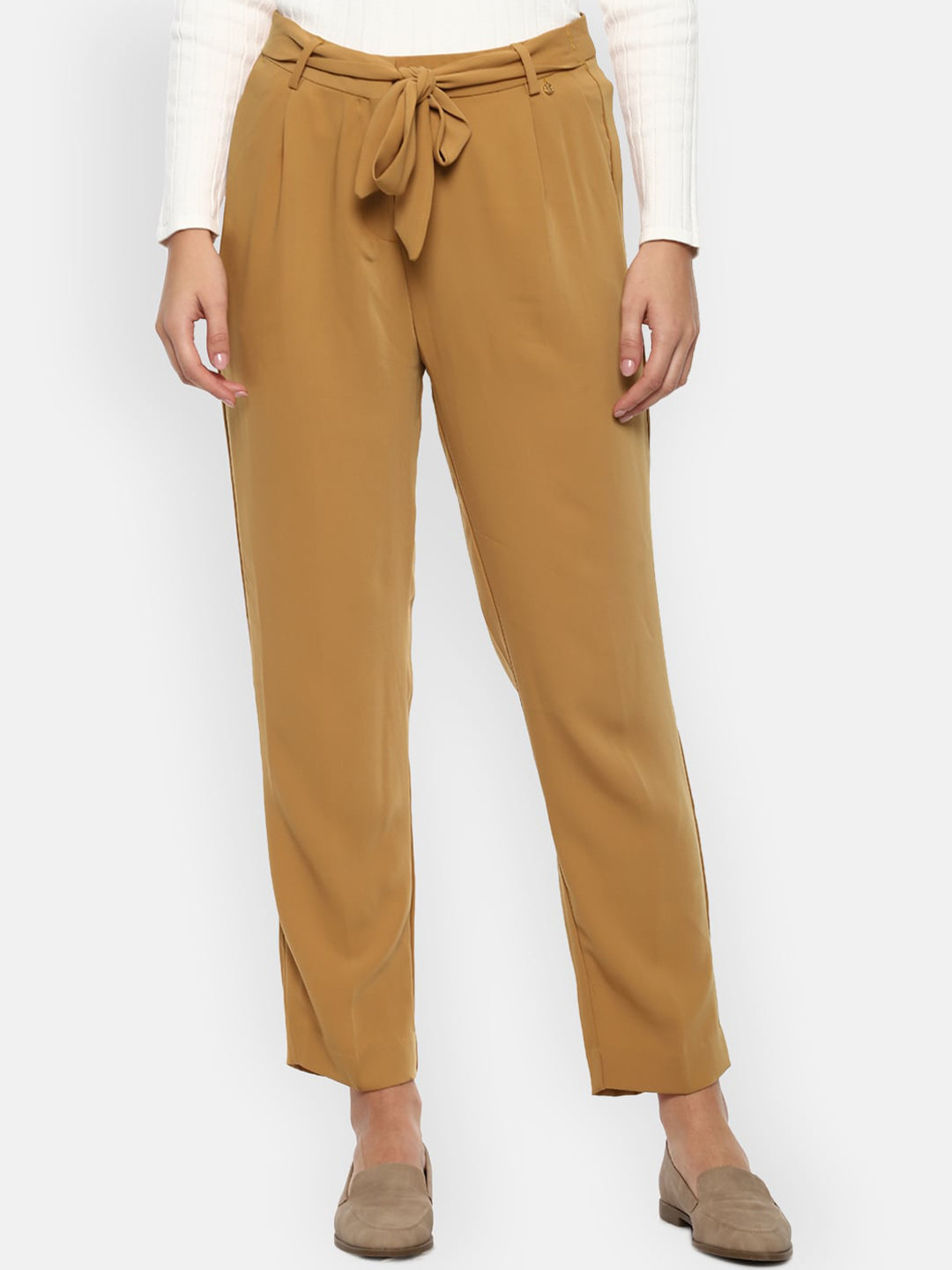 Buy Van Heusen Woman Mustard Yellow Pleated Peg Trousers Trousers for
