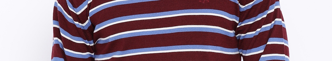 Buy ColorPlus Men Burgundy & Blue Striped Sweater - Sweaters for Men ...