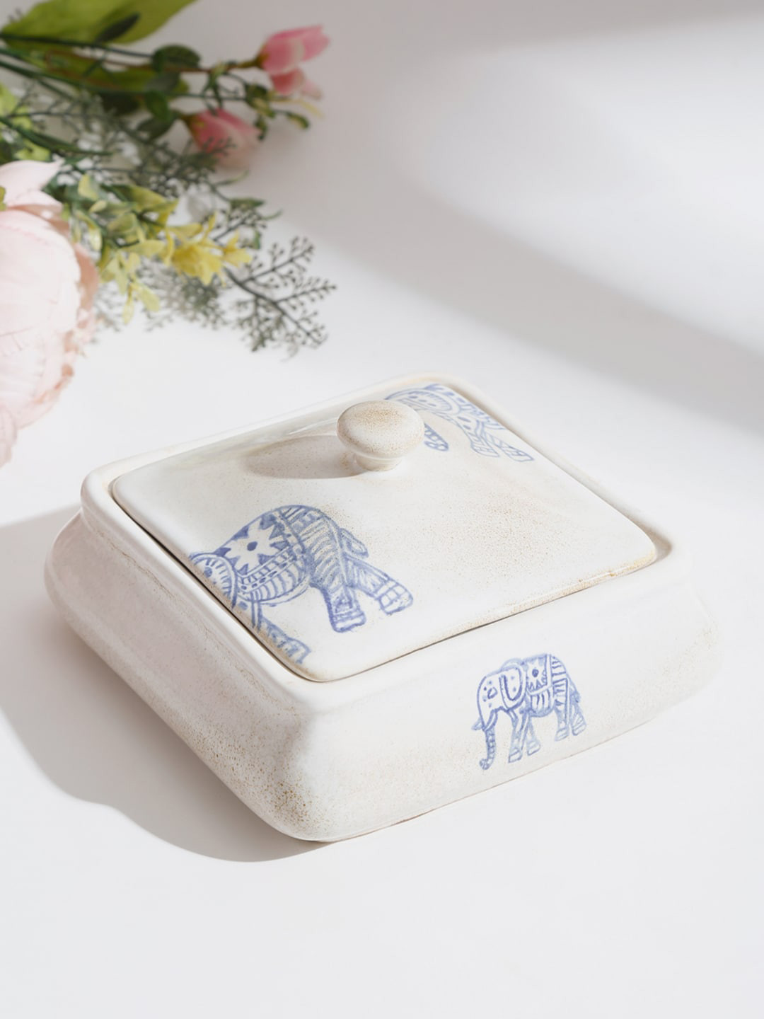Buy Fabindia White & Blue Ceramic Printed Box With Lid Serveware for