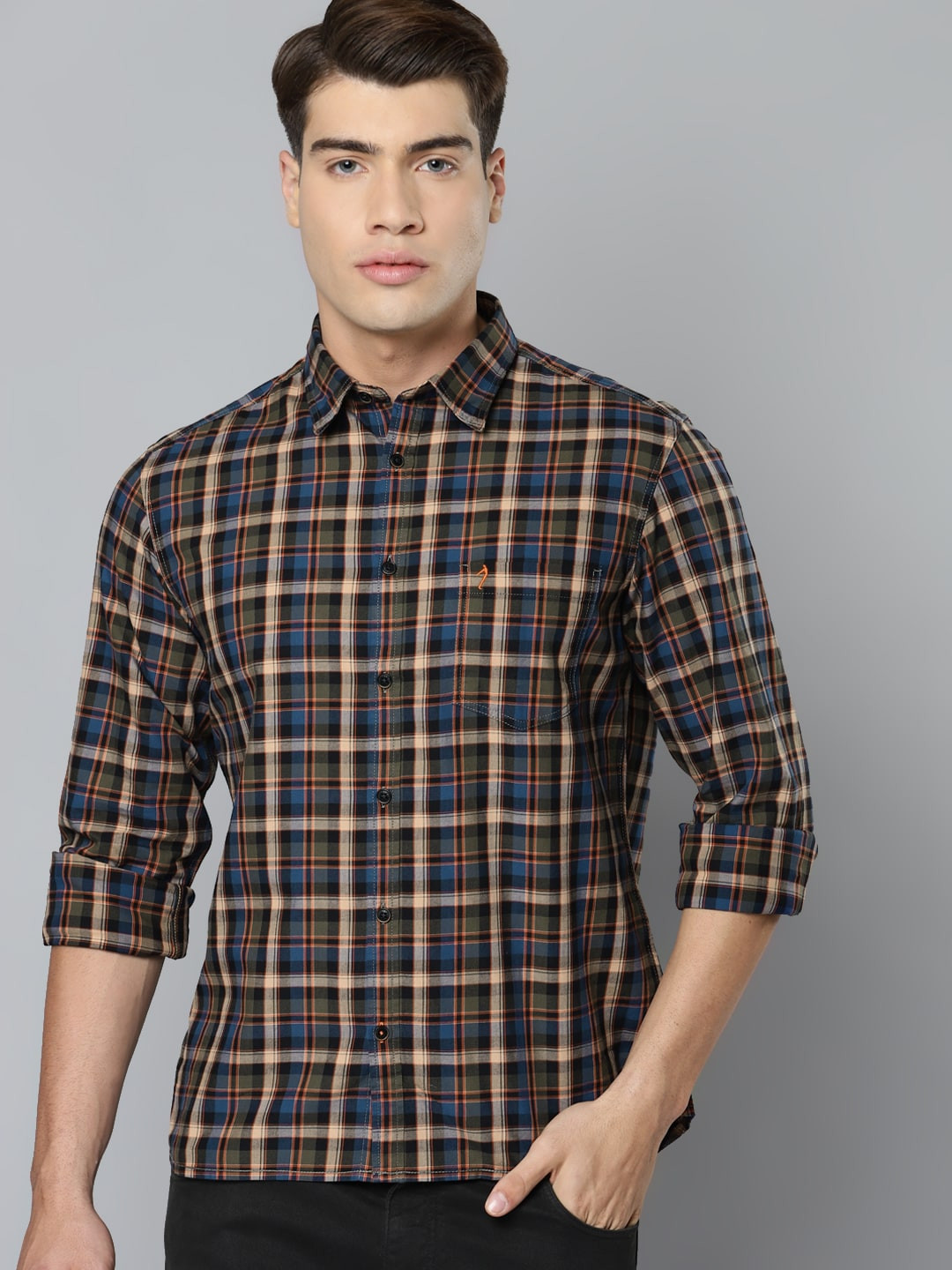 Buy Indian Terrain Men Olive Green & Peach Coloured Organic Cotton Slim