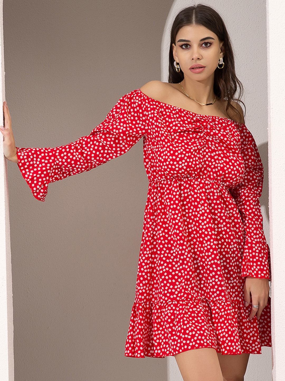 Buy Urbanic Red And White Floral Off Shoulder Mini Fit And Flare Dress With Ruched Detail Dresses 