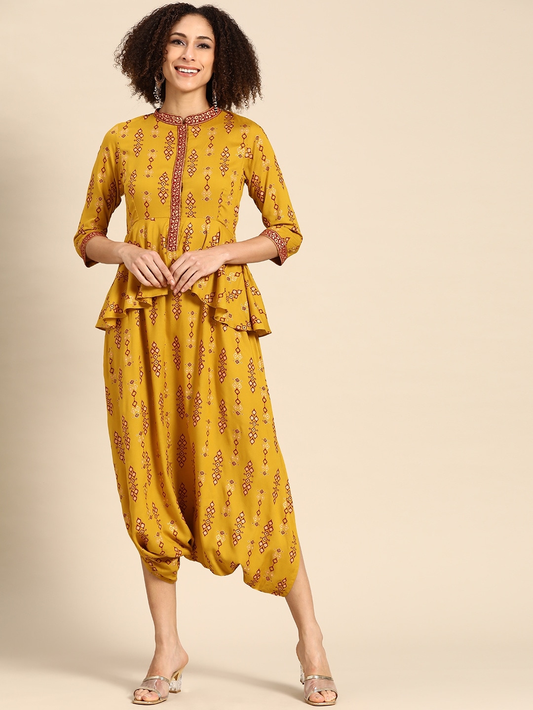 Buy MABISH By Sonal Jain Mustard Yellow & Golden Printed Dhoti Jumpsuit