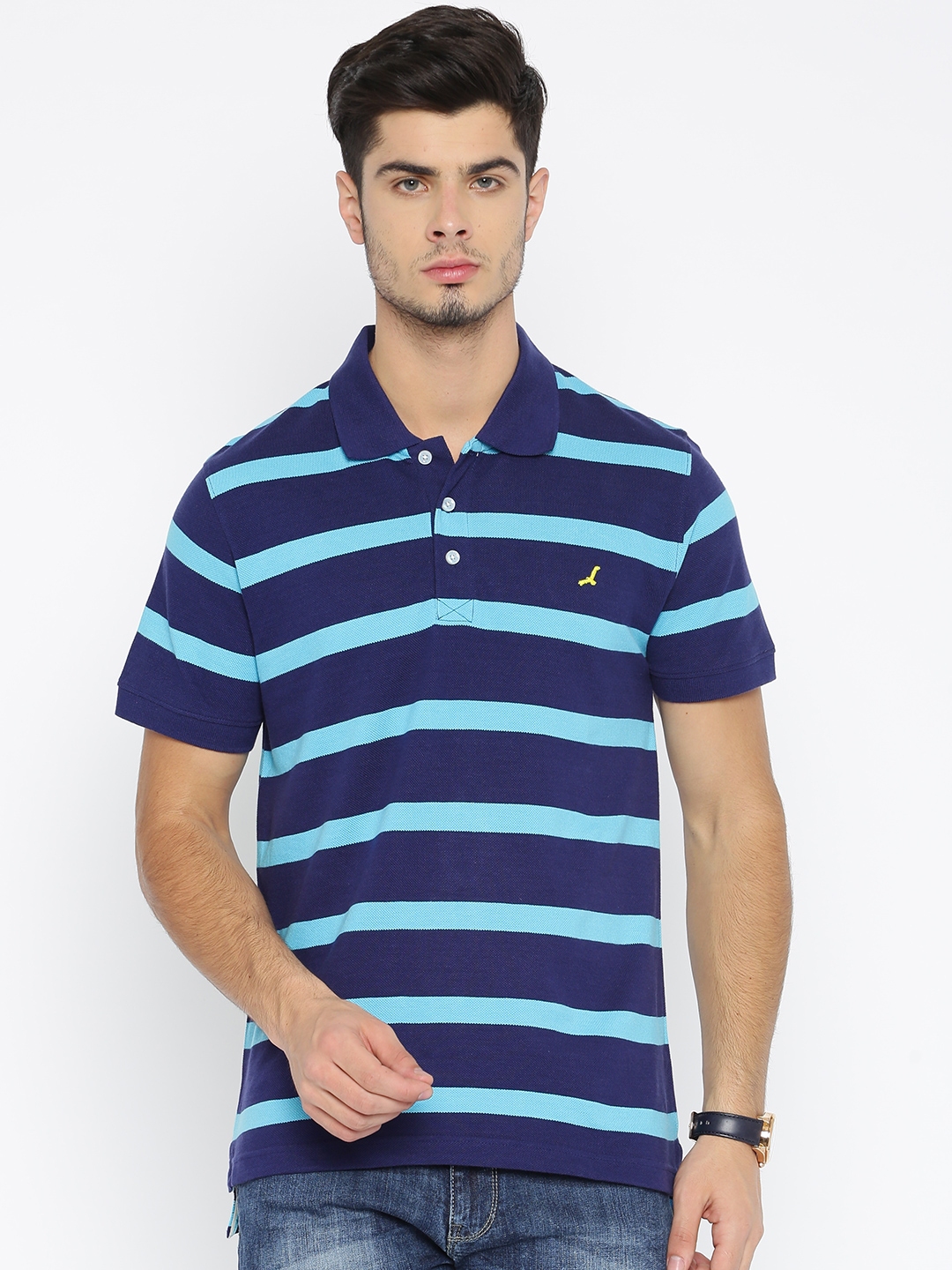 navy blue striped polo