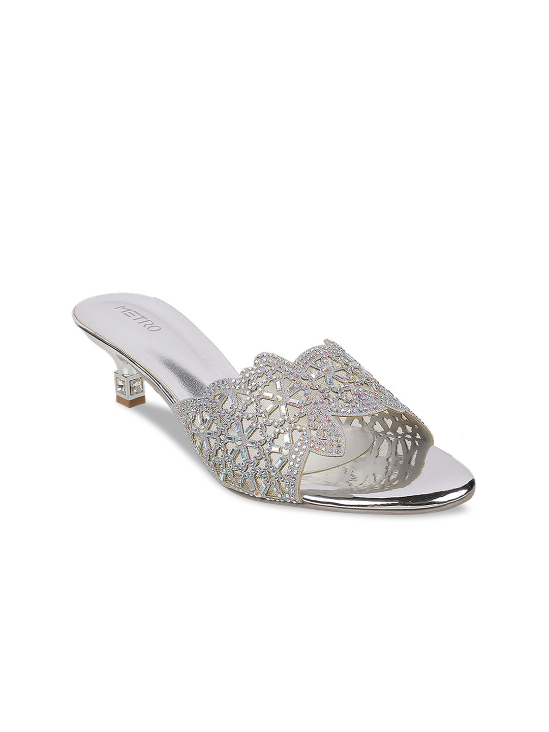 Buy Metro Silver Embellished Kitten Mules Heels for Women 15499006