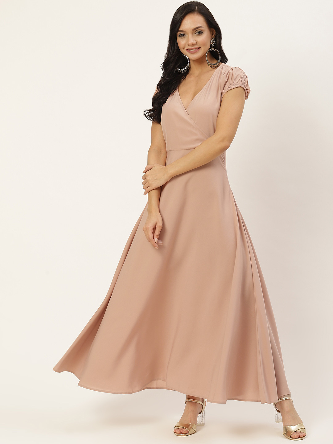 Buy Deewa Women Peach Coloured Solid Crepe Puff Sleeves Maxi Dress