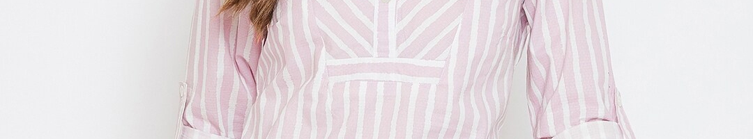 Buy Ruhaans Pink & White Mandarin Collar Striped Tunic - Tunics for ...