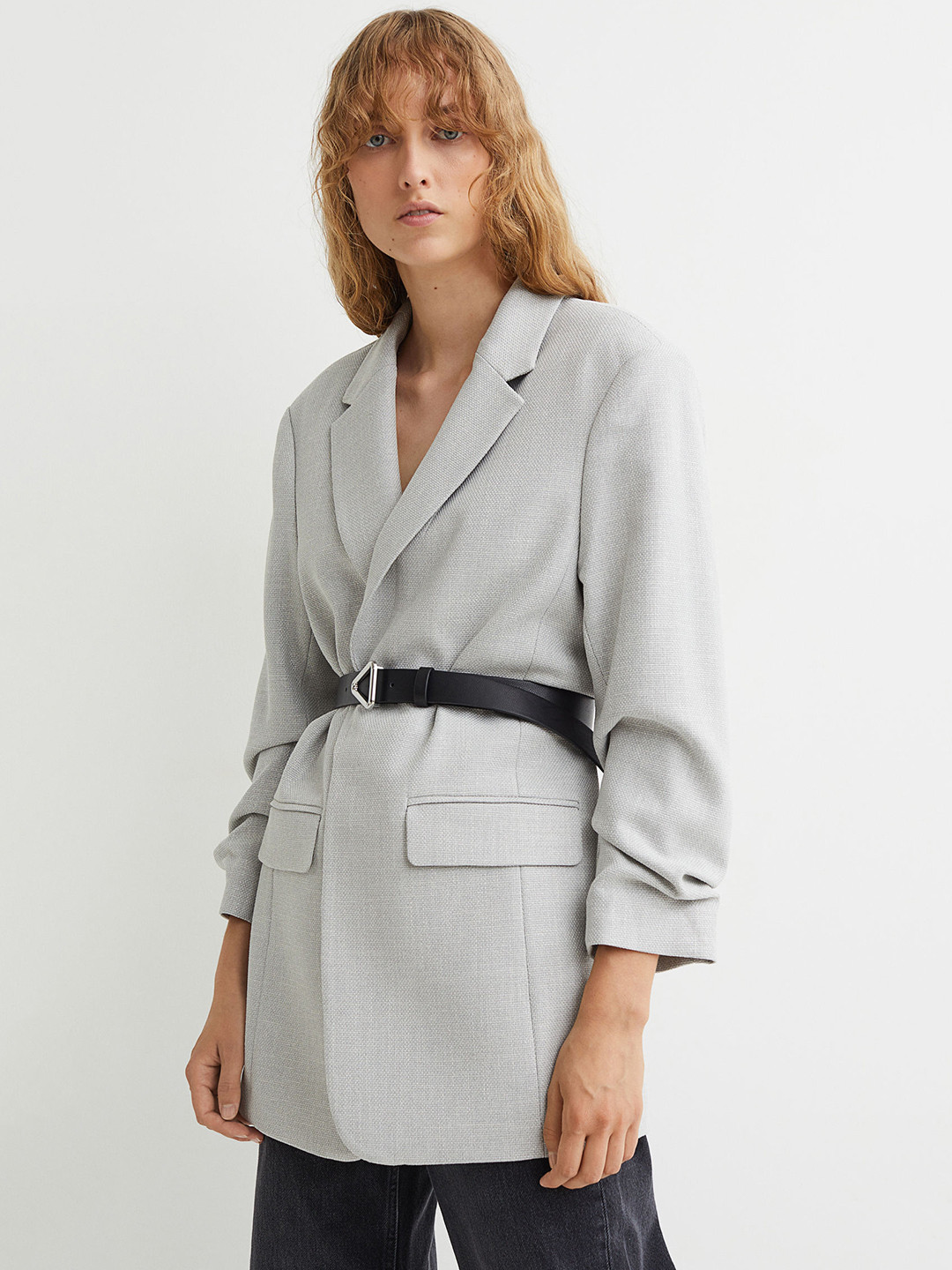 Buy H&M Women Grey Self Design Gathered Sleeve Jacket Blazers for