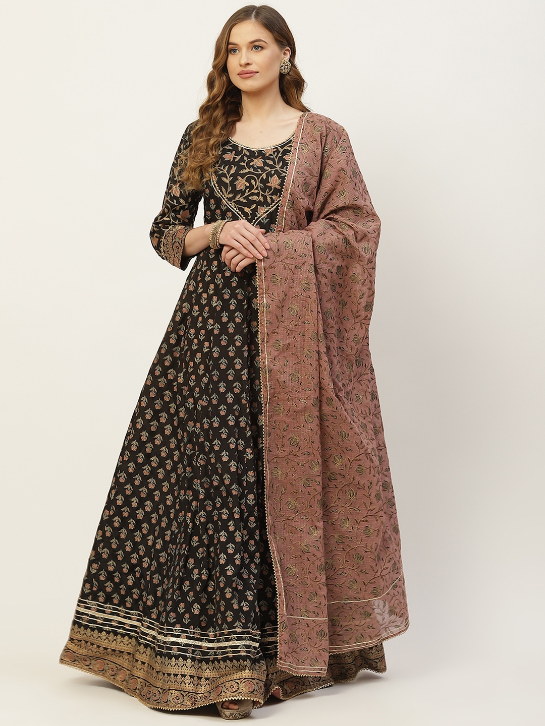 Buy TARA C TARA Black Floral Ethnic Maxi Dress With Dupatta - Dresses ...