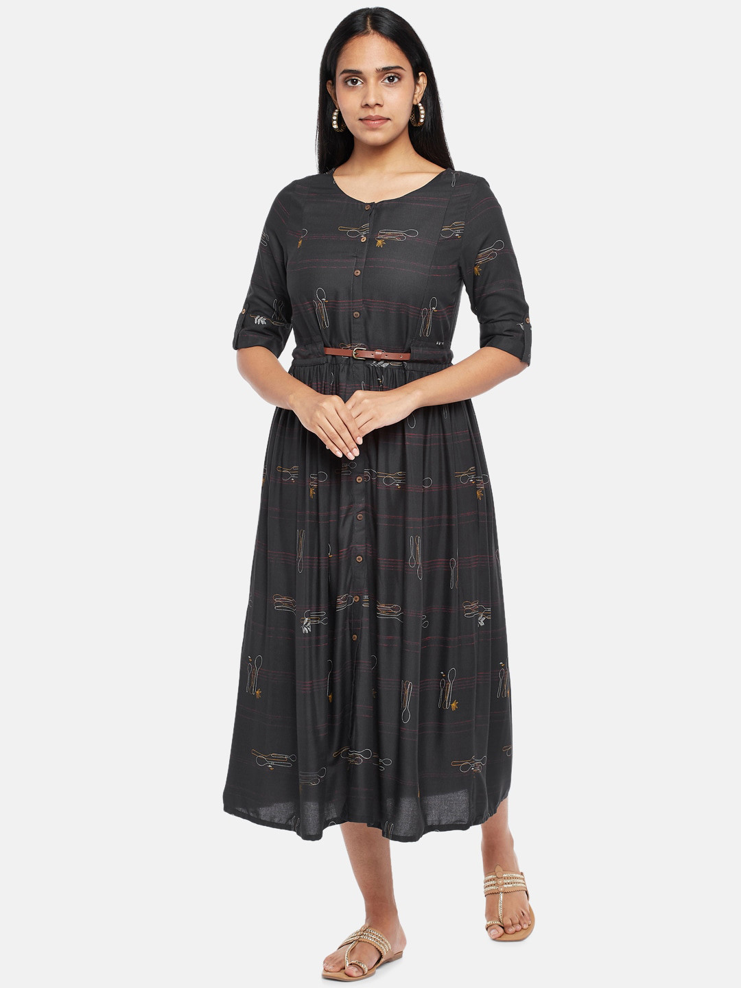 Buy AKKRITI BY PANTALOONS Charcoal Midi Dress Ethnic Dresses for