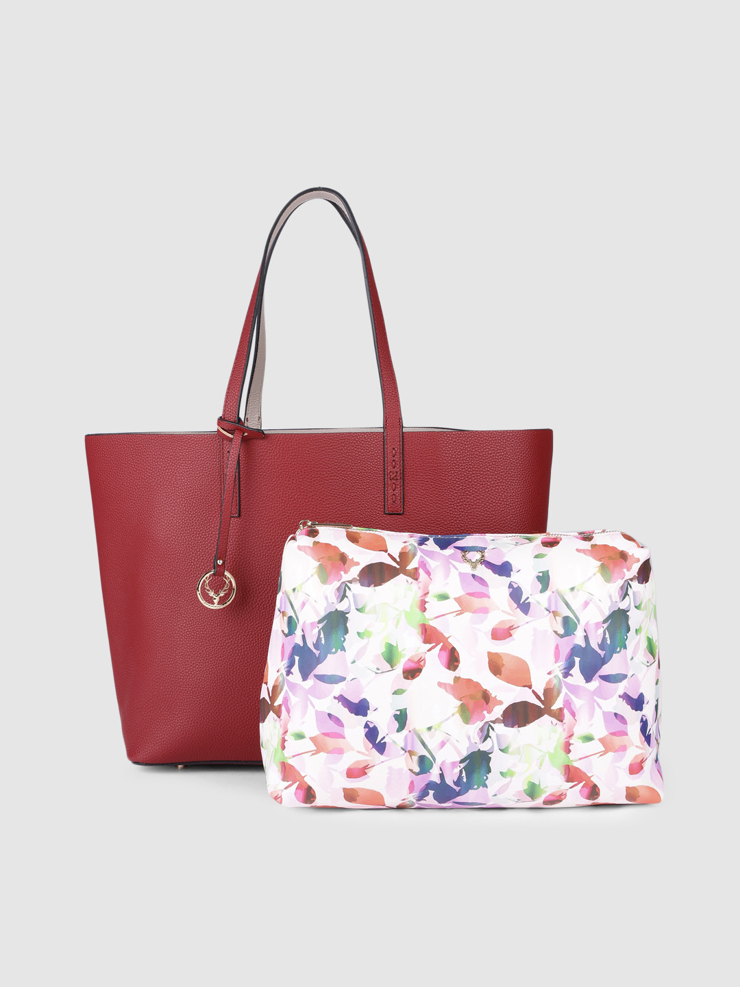 Buy Allen Solly Burgundy Textured PU Shopper Tote Bag With Pouch