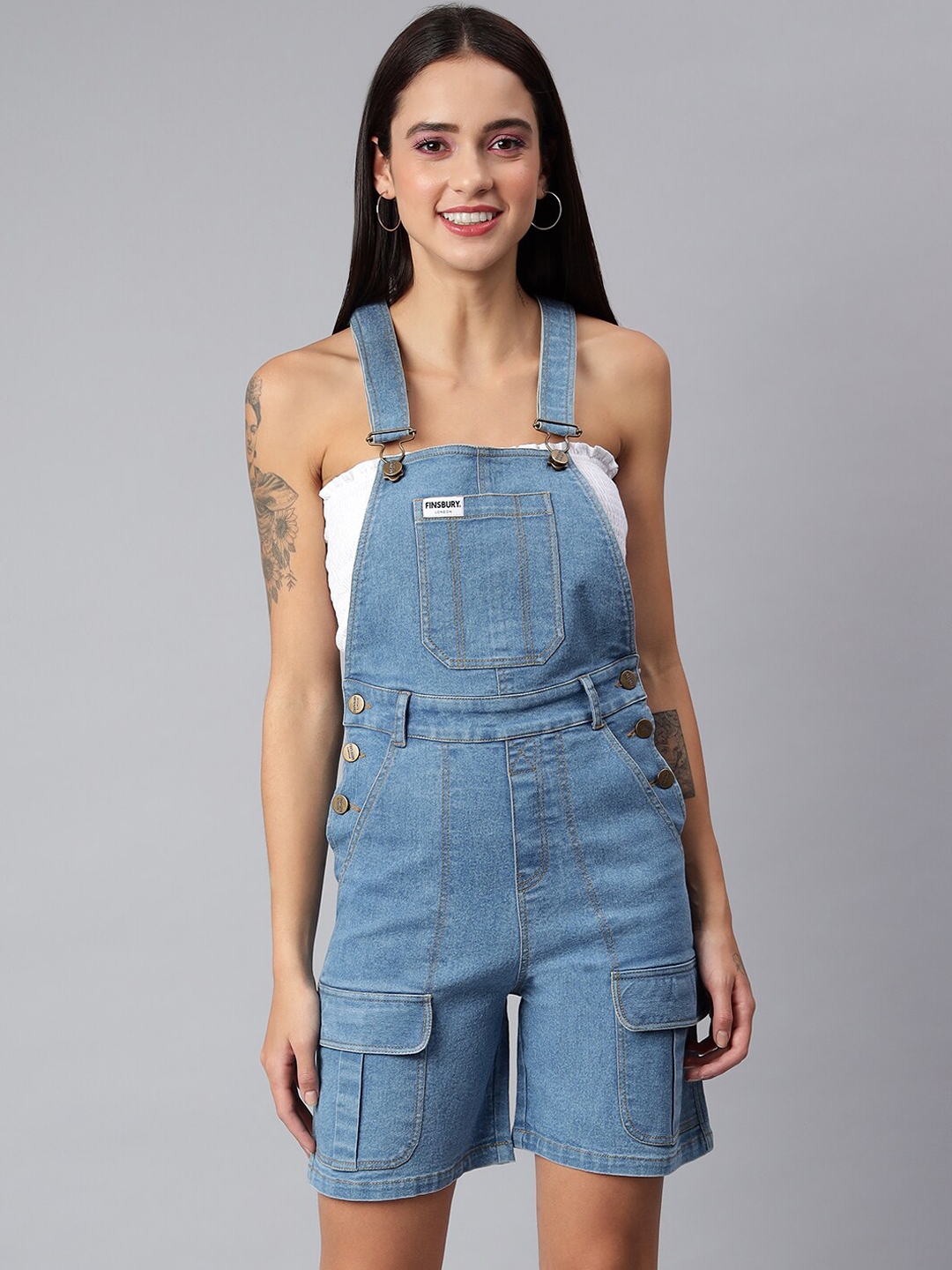 Buy FINSBURY LONDON Women Blue Solid Denim Dungarees - Dungarees for ...