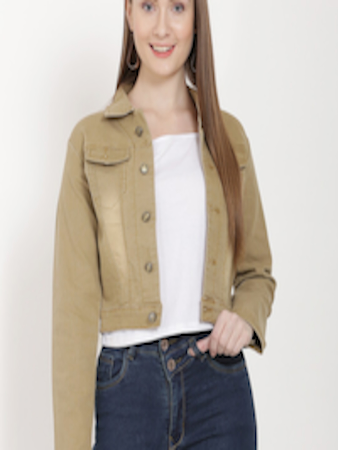 Buy Nifty Women Olive Green Striped Cotton Crop Denim Jacket - Jackets ...