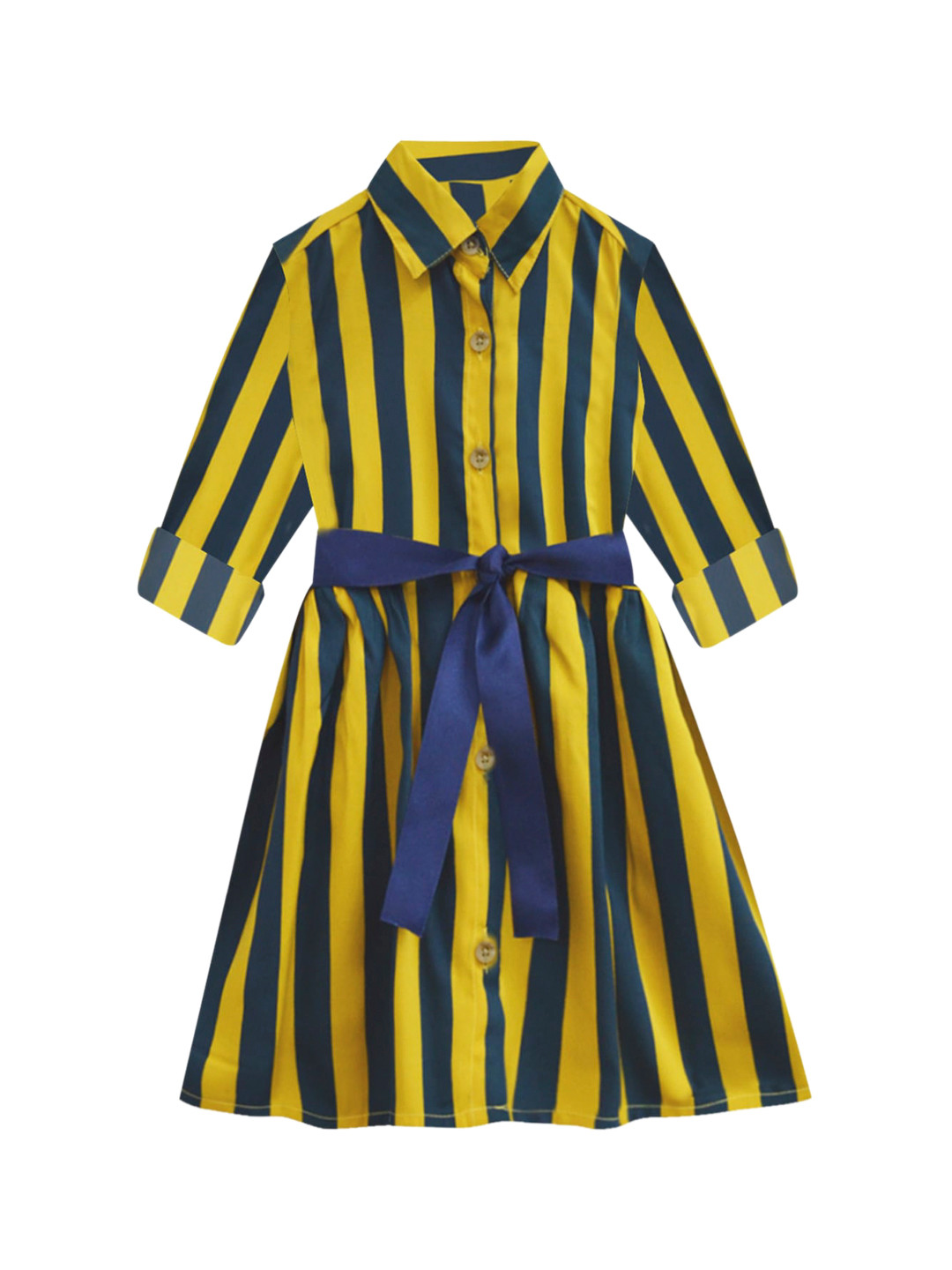 Buy A T U N Girls Mustard Yellow & Navy Blue Striped Shirt Dress