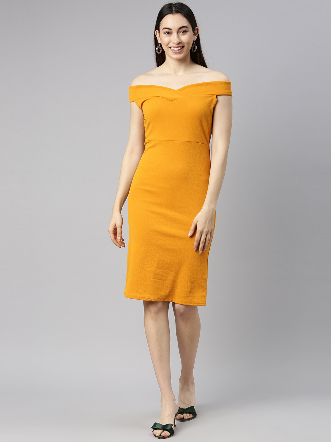 Buy Selvia Mustard Yellow Off Shoulder Bodycon Dress - Dresses for ...