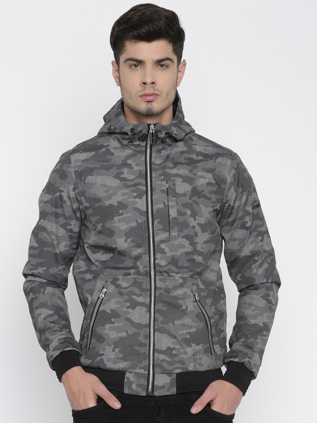 Buy ALCOTT Grey & Black Camouflage Print Bomber Hooded Jacket - Jackets ...