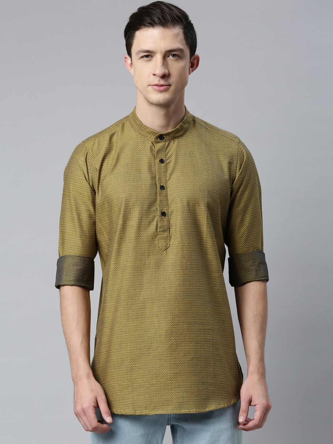 Buy Cross Court Men Olive Green Patchwork Dobby Kurta Kurtas for Men